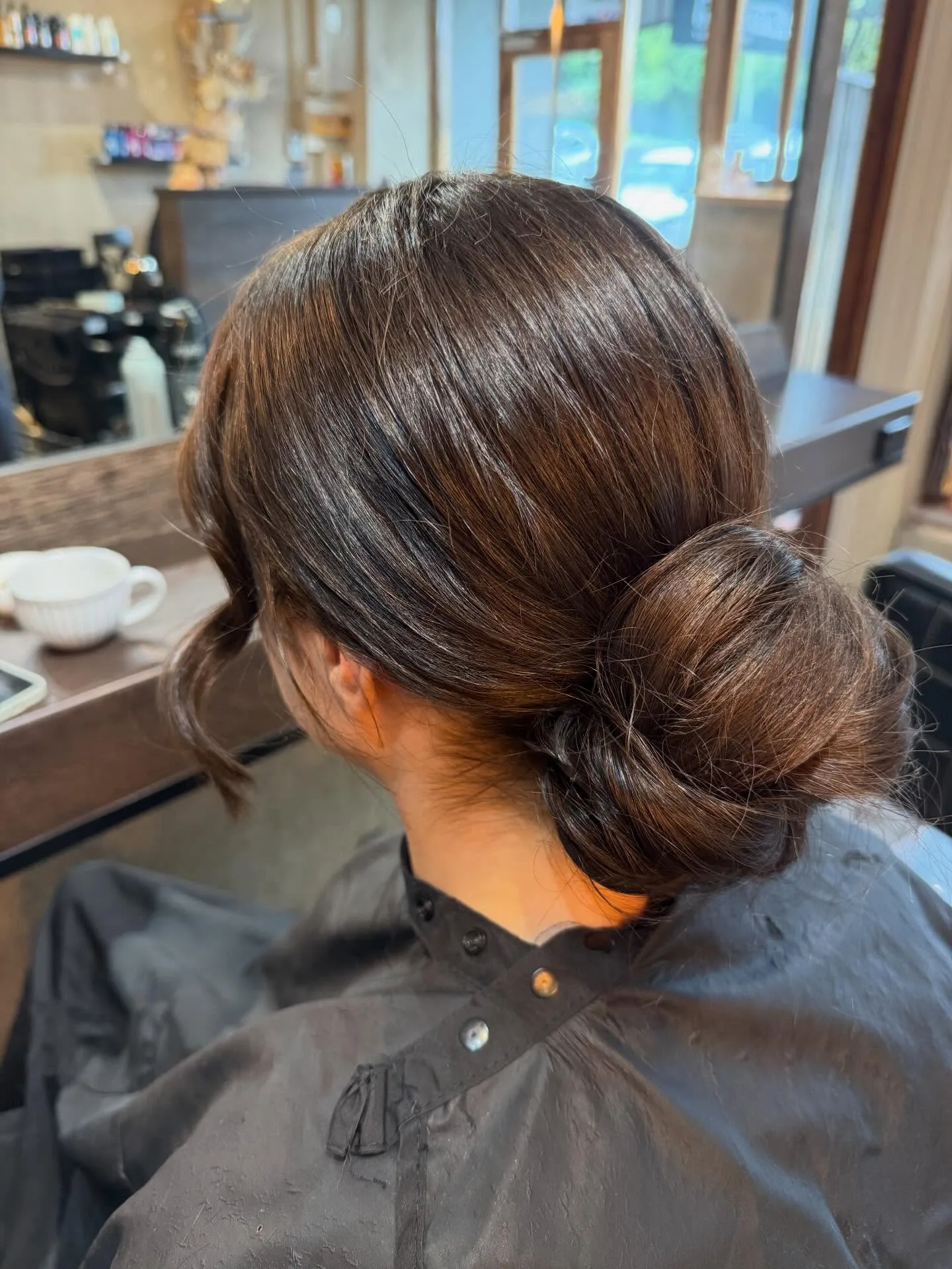 Sleek dark low chignon, rear view — bright salon window with greenery
